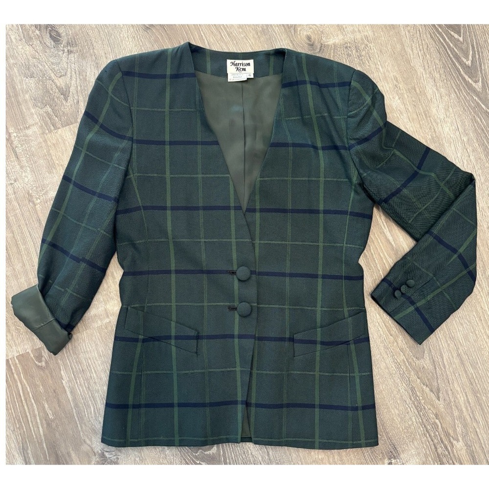 Harrison Kent Vintage Green Navy Plaid Collarless Blazer Jacket Sz 6 Fall Office